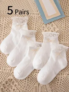 5 Pairs Girls Lace Bow Socks, New Spring Summer Thin Lace Trim Short Socks, Breathable Sweet Cute Princess Ruffle Mid-Calf Socks