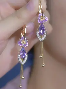 Purple Zircon Flower Tassel Earrings – Elegant 14K Gold Plated Long Dangle Floral Jewelry, Unique Trendy Statement Earrings for Women, 2026 New