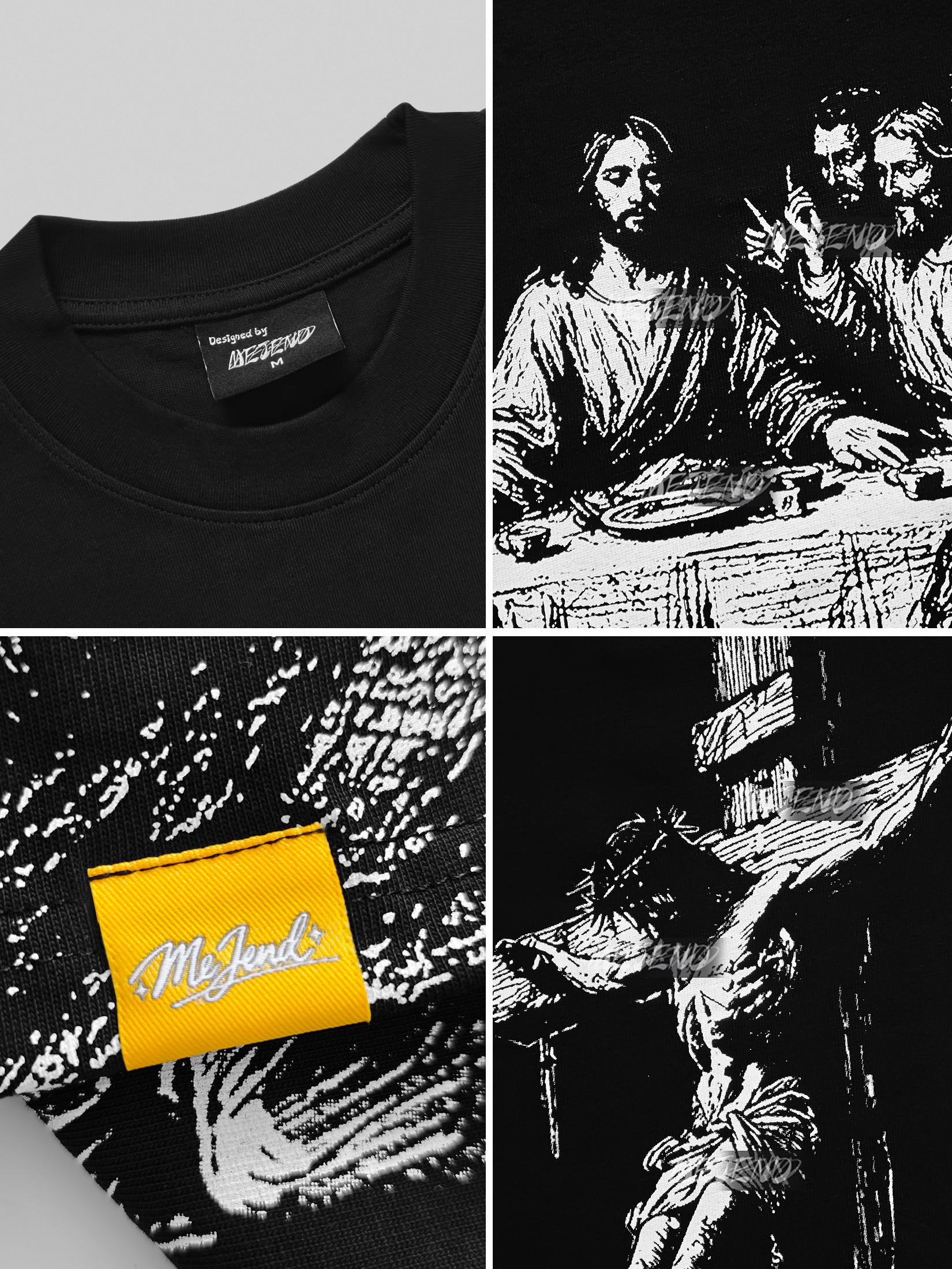 MeJend 12oz Heavyweight Cropped Tee, Jesus Print Oversized Tee, Streetwear T-Shirt, Gothic Art Heavy Cotton Shirt