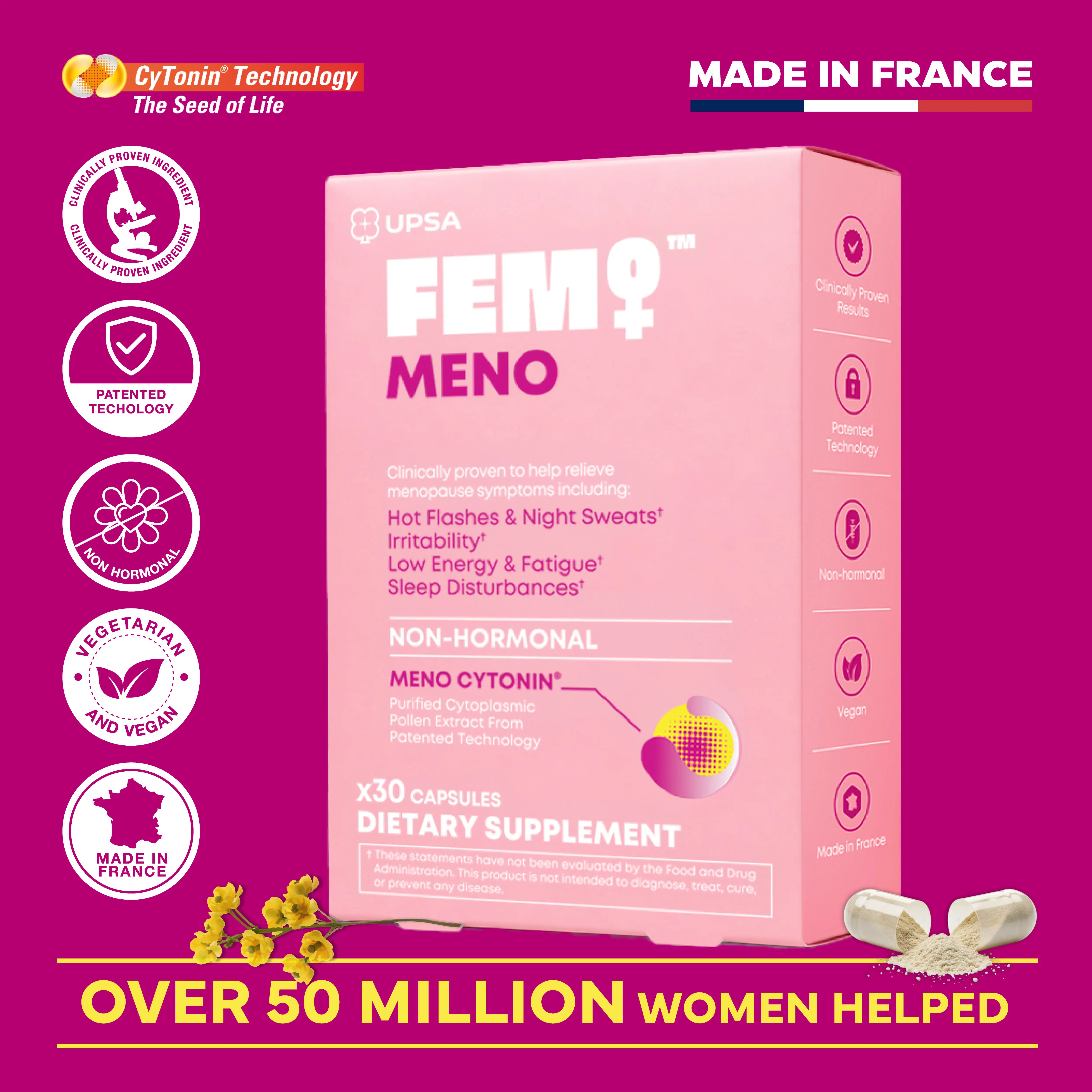 UPSA FEM MENO Women's Non-Hormonal Menopause Support Dietary Vitamin Supplement - Clinically Validated Pollen Extract, Patented Technology, Vegan Herbs Healthcare for Hot Flashes, Night Sweats