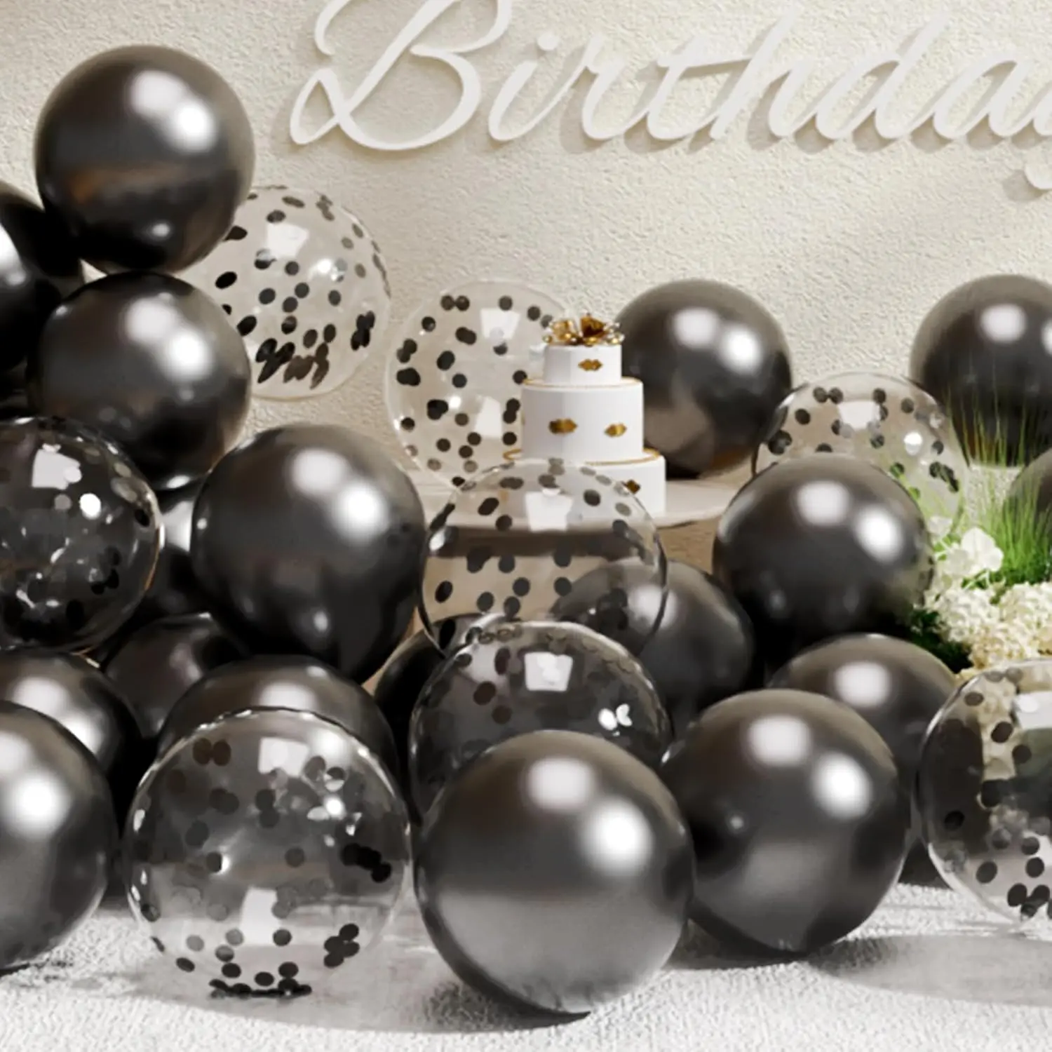 Black Metallic Balloons and Confetti Balloons Set  count Latex Helium Chrome Black Balloon for Birthday Graduation Anniversary Party Decorations
