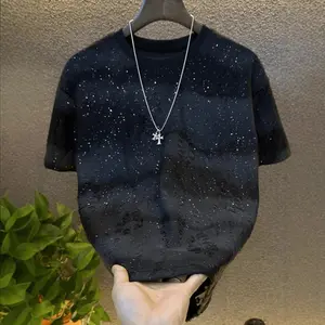 hot-selling light luxury hot diamond men's short-sleeved top trend Korean version of the gradual change hole Gypsy round neck T-shirt