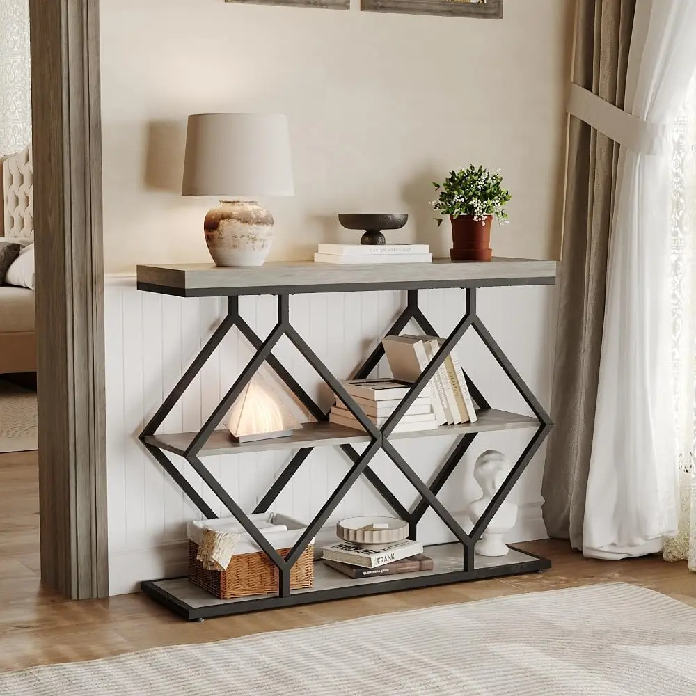 Garvee 39 Inch Narrow Console Table with 3-Tier Open Storage Shelves, Industrial Diamond Metal Frame, Adjustable Leveling Feet, Suitable for Entryway, Hallway, Foyer, Apartment Decor in Multiple Finishes