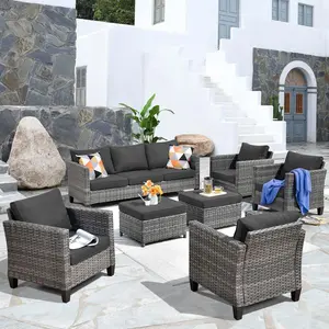 【Summer Vibes】Ovios Outdoor Patio Conversation Set Vultros 7-Piece & High Back Cushions & All-Weather Wicker Outdoor Furniture for Backyard Deck