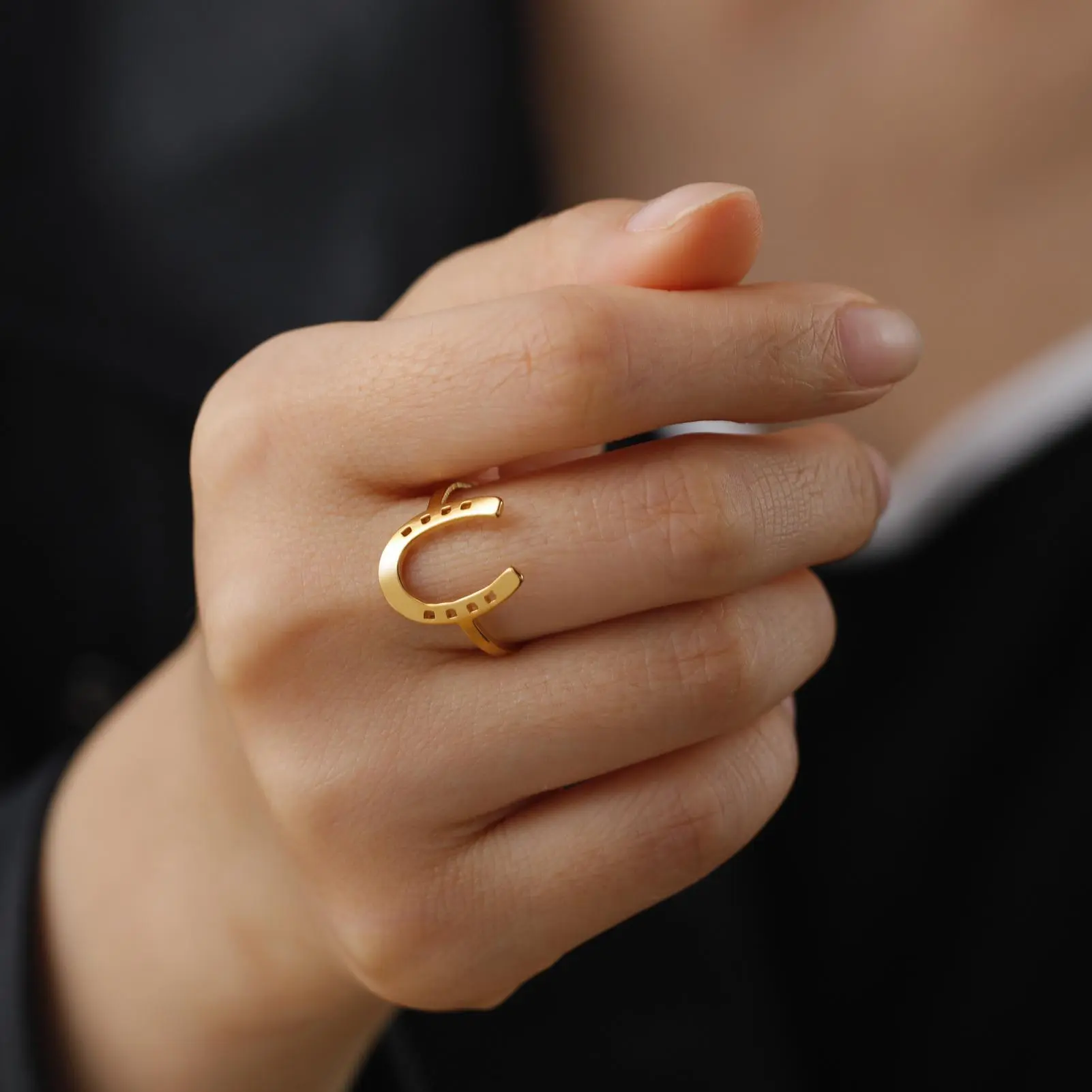 Unisex U-Shaped Horseshoe Ring - Gold-Tone Stainless Steel Lucky Costume Jewelry for Adults' Birthdays, Engagements, Lucky Jewelry, No, Trendy