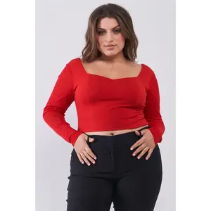 Plus Size Crimson Red Long Mesh Sleeve Sweetheart Neck Detail Structured Crop Top