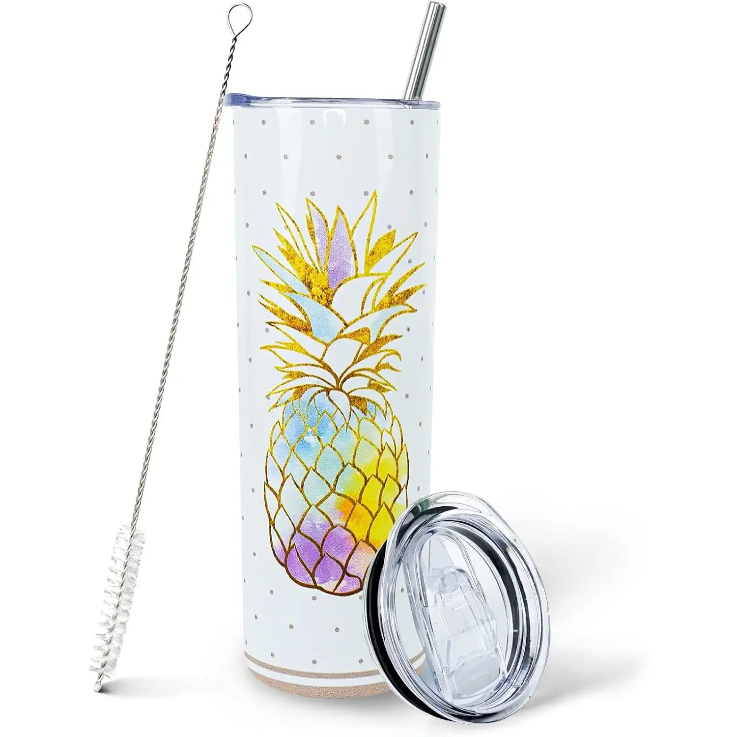 Women's 20oz Reusable Gold Pineapple Water Bottle Tumbler with Straw and Lid, Portable Washable Hawaiian-Themed Gift, Tropical Kitchenware Drinkware