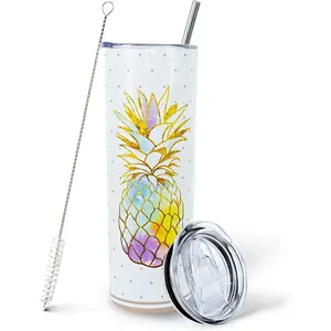 Women's 20oz Reusable Gold Pineapple Water Bottle Tumbler with Straw and Lid, Portable Washable Hawaiian-Themed Gift, Tropical Kitchenware Drinkware