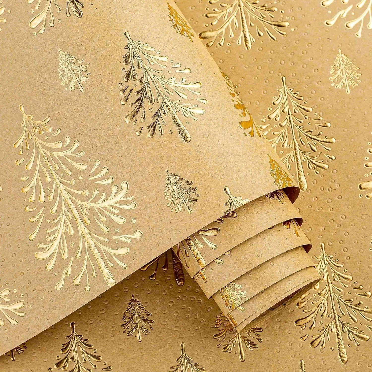Yellow Kraft Wrapping Paper-17inch*197inch （23.4sq.ft.ttl Per Roll- Gold 3D Embossed Foil Woodlands for Christmas,Birthday, Holiday, Wedding,Party