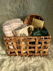 Breakfast Essentials Wedding Basket Gift Set with Wooden Organiser. Kitchen Set for newlyweds, perfect for wedding gifts, anniversary gifts, and housewarmings. Wood Rattan Organizer with kitchen essentials, chocolate, mug sets, and coffee.