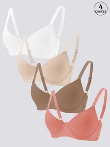 3/4/5/6 Pack / 6 colors Women's seamless push-up bra with underwire, non-removable cups, four-row three-hook back, adjustable straps, skin-friendly, comfortable and breathable, suitable for daily wear/dates/commuting, solid color high-quality women's bra
