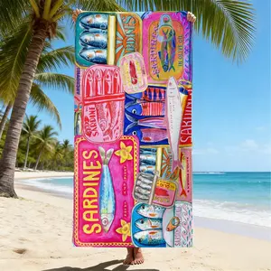 Vintage Sardine Can Patchwork Microfiber Beach Towel, Quick Dry Soft, Super Absorbent, Bath Towel, Absorbent Drying Towel, Pool Blanket, Summer Beach Travel Party Decor, Design Beach Towel, Decorative Towels, Beach Towel Standard