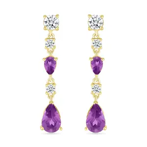 Amethyst and White Sapphire Teardrop Dangle and Drop Stud Earrings in Solid 10k Yellow Gold