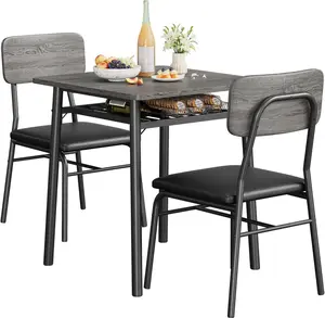 Gaomon 3-Piece Small Square Dining Table Set for 2, Wood Table with Metal Legs & Storage Rack, Upholstered Chairs Set of 2 for Dining Room, Apartment (Gray), Small Square Table