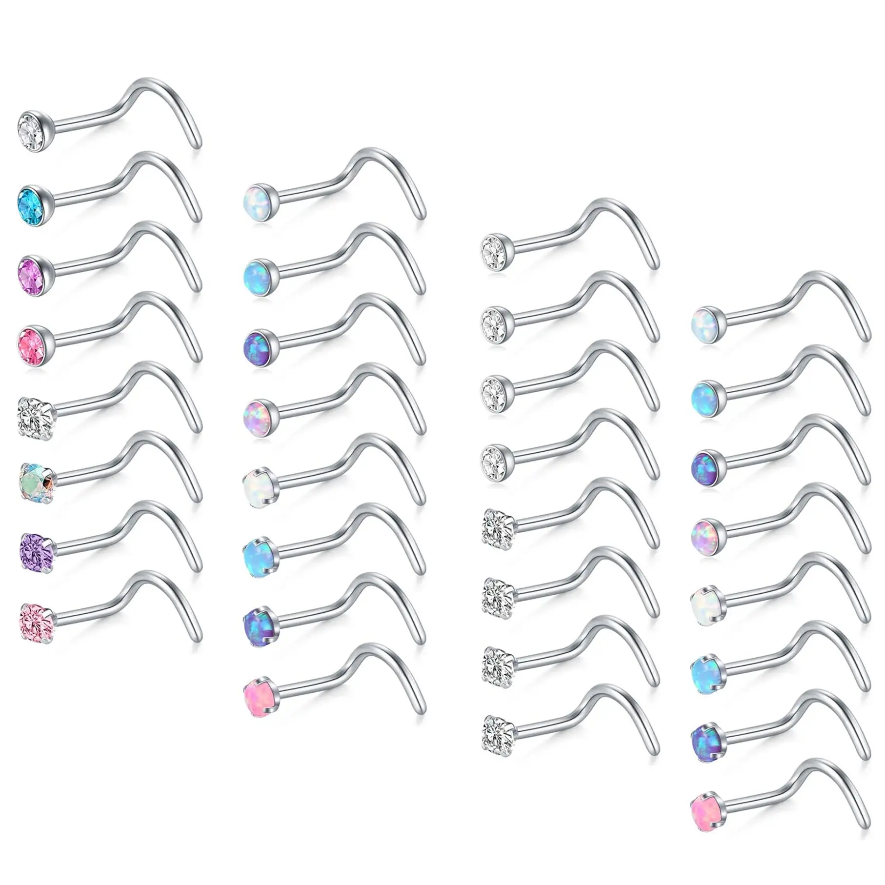 16Pcs 20G Nose Rings Studs Set for Women Men: Hypoallergenic Surgical Stainless Steel Nose Studs, Colorful Opal Nickel-free Lead-free L Shaped Corkscrew Nose Piercing Jewelry CZ 2mm