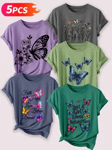 Women's 5-Pack Crew Neck T-Shirts, Butterfly & Flower Print , Multiple Colors Available, Machine Washable, Spring & Summer Top, Soft Skin-Friendly Fabric, Daily Versatile, Fashion Design