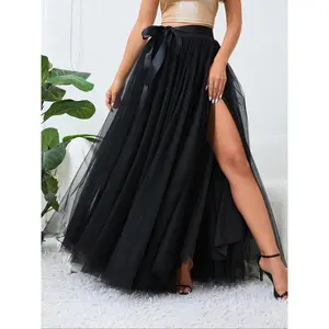 Plus Size Solid Belted Split Thigh Tulle Skirt, Elegant High Waist Maxi Skirt For Party Holiday Wedding Guest, Women's Bottoms For All Seasons（gift）