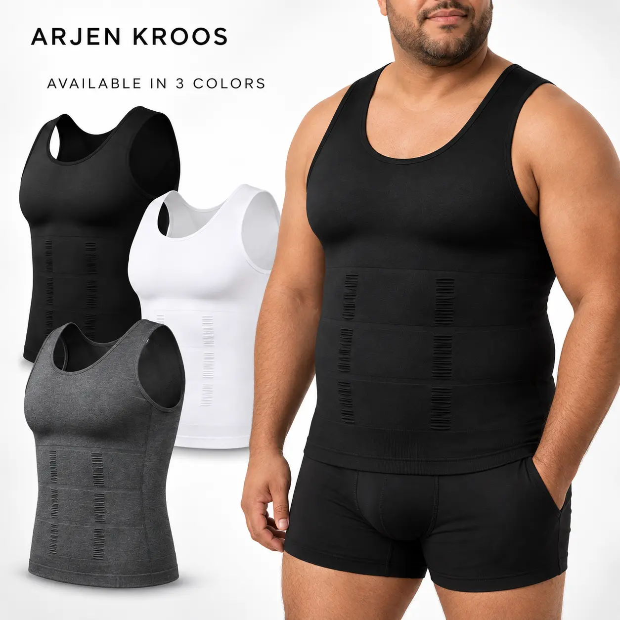 Arjen Kroos Men's Compression Shapewear Tank Tops (1-3 Pack) - Body Shaping Undershirts with Tummy Control, Waist Support & Smooth Fit Under Clothes, Stretch Sleeveless Base Layer for Daily Wear
