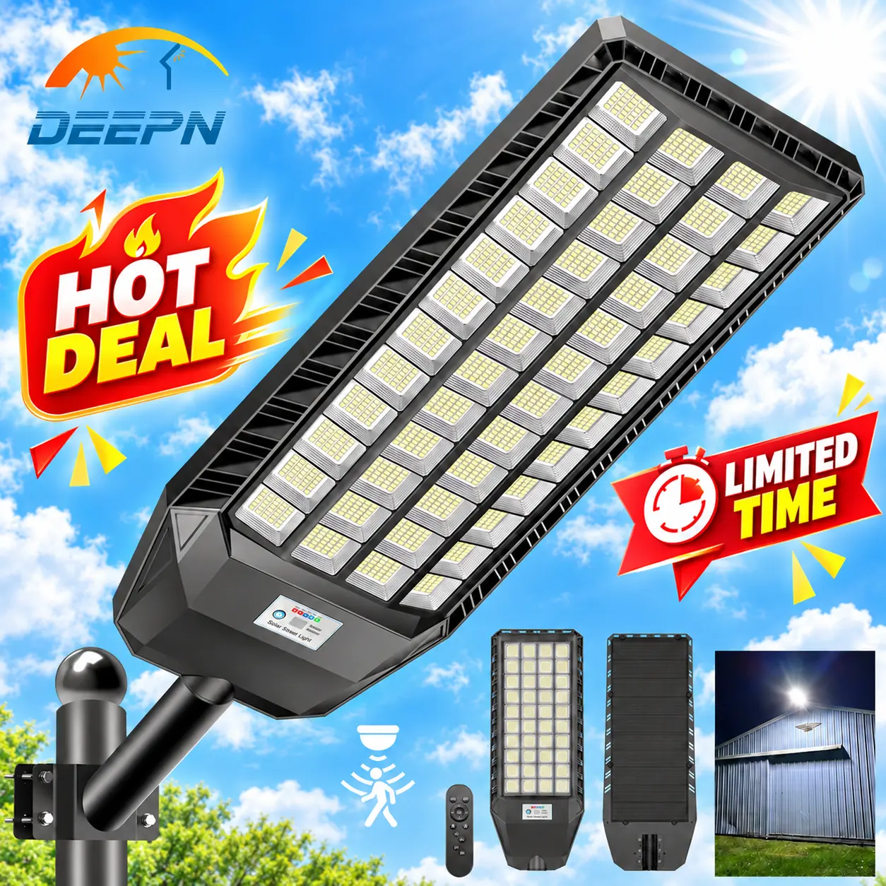 DEEPN Newly Upgraded Solar Street Outdoor Light Motion Sensor Security Wall Lamp, IP67 waterproof design, remote control support, and automatic dusk-to-dawn operation. Ideal for gardens, parking lots, streets, and courtyards【Holiday Gifts】