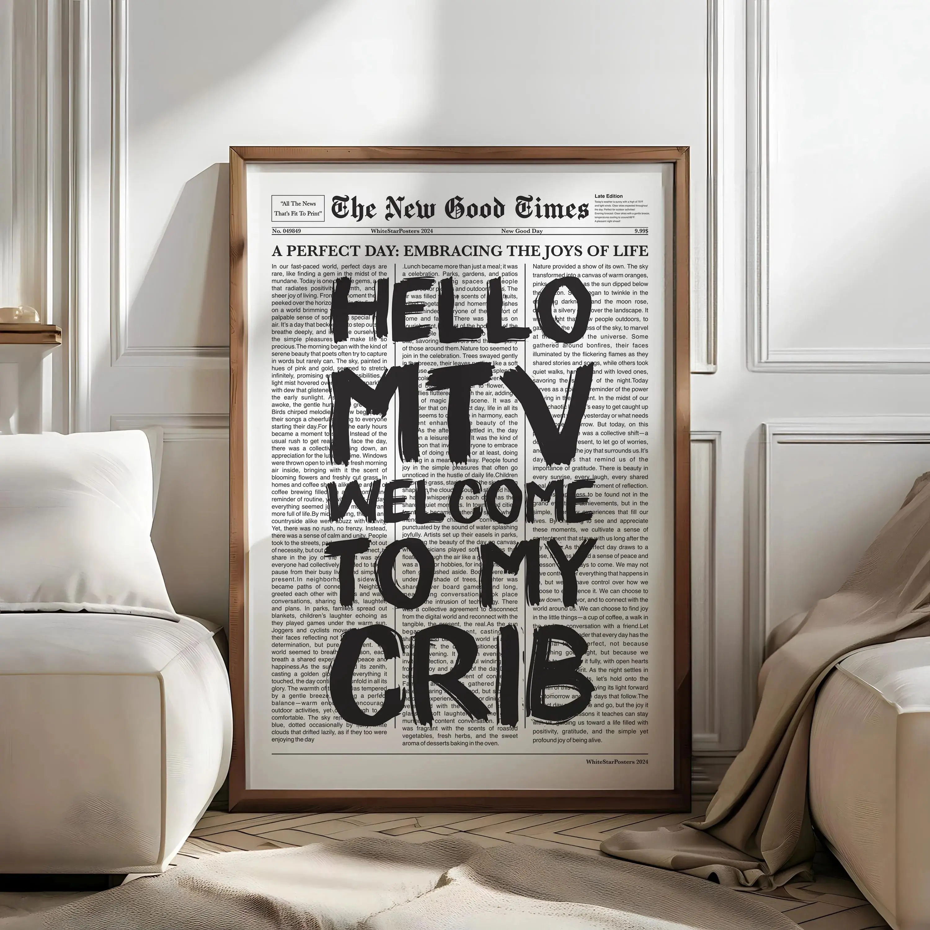 [SALE UP TO 30%] Welcome To My Crib Poster, Trendy Newspaper Print, Retro MTV Inspired Wall Art, Positive Funny Quote, Optional Frame