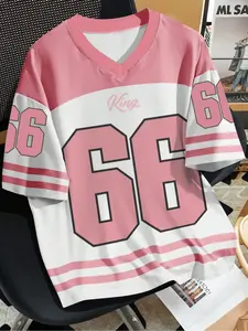 Men's Plus Size Vintage American Football Jersey T-Shirt, "King 66" Print Striped Short Sleeve Tee, Big & Tall V-Neck Color Block Sports Tee, Casual Streetwear Tee, Men's Oversized Trendy Versatile Top