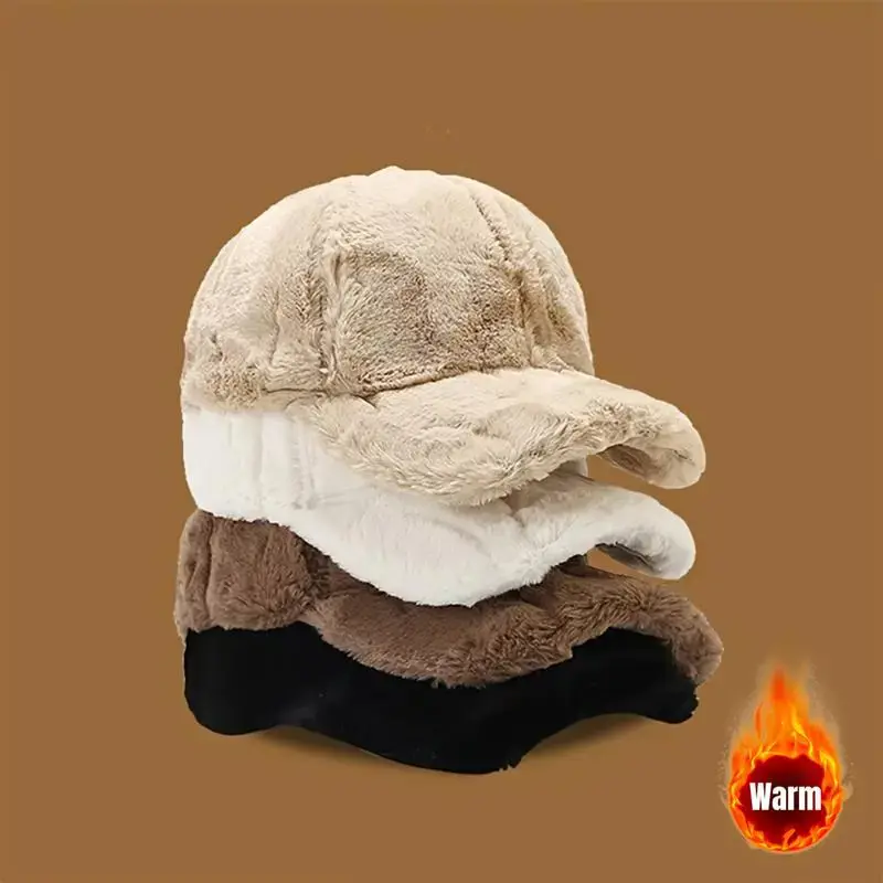 Unisex Plush Faux Fur Baseball Cap - Adjustable Plain Fluffy Winter Headwear, Lightweight Warm Accessory for Daily Outings, Cold Weather Outdoor Wear (Wearable Accessory for Smart Devices)