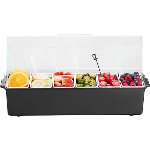 VEVOR 6-Compartment Ice-Cooled Condiment Server, BPA-Free Durable With Lid Food Storage Container, 6-Part Separation Insulated Portable Gadget With Detachable Lid & Utensils, Impact-Proof Dishwasher Safe For Outdoors Camping
