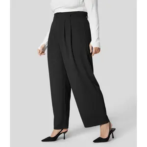 Halara High Waisted Button Zipper Plicated Side Pocket Shirred Straight Leg Work Plus Size Suit Pants