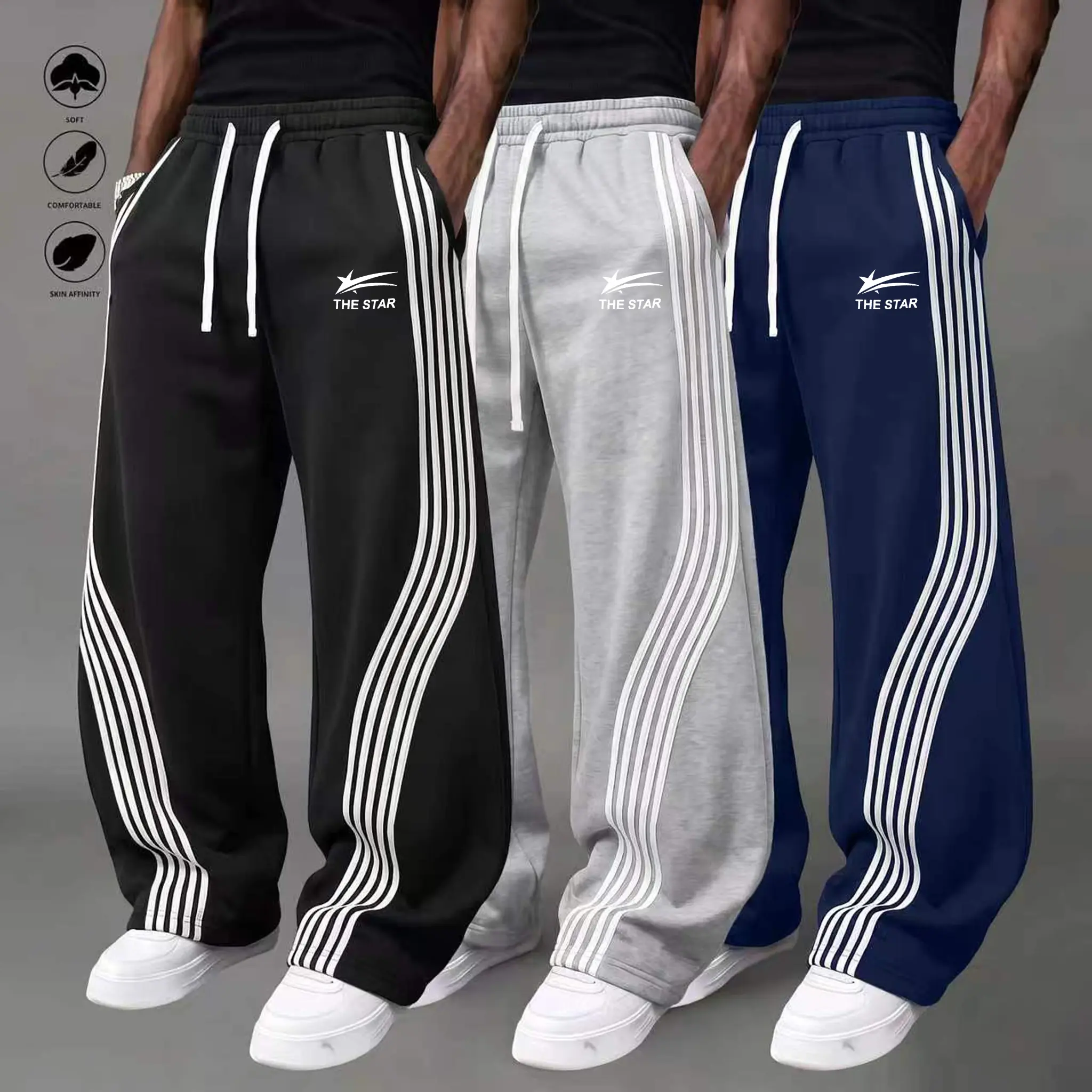 Men’s wide leg sweatpants casual, stylish printed soft wide leg joggers; men’s wear, loose fit, unisex, ultra soft and breathable, drawstring waist design, suitable for running and fitness training.