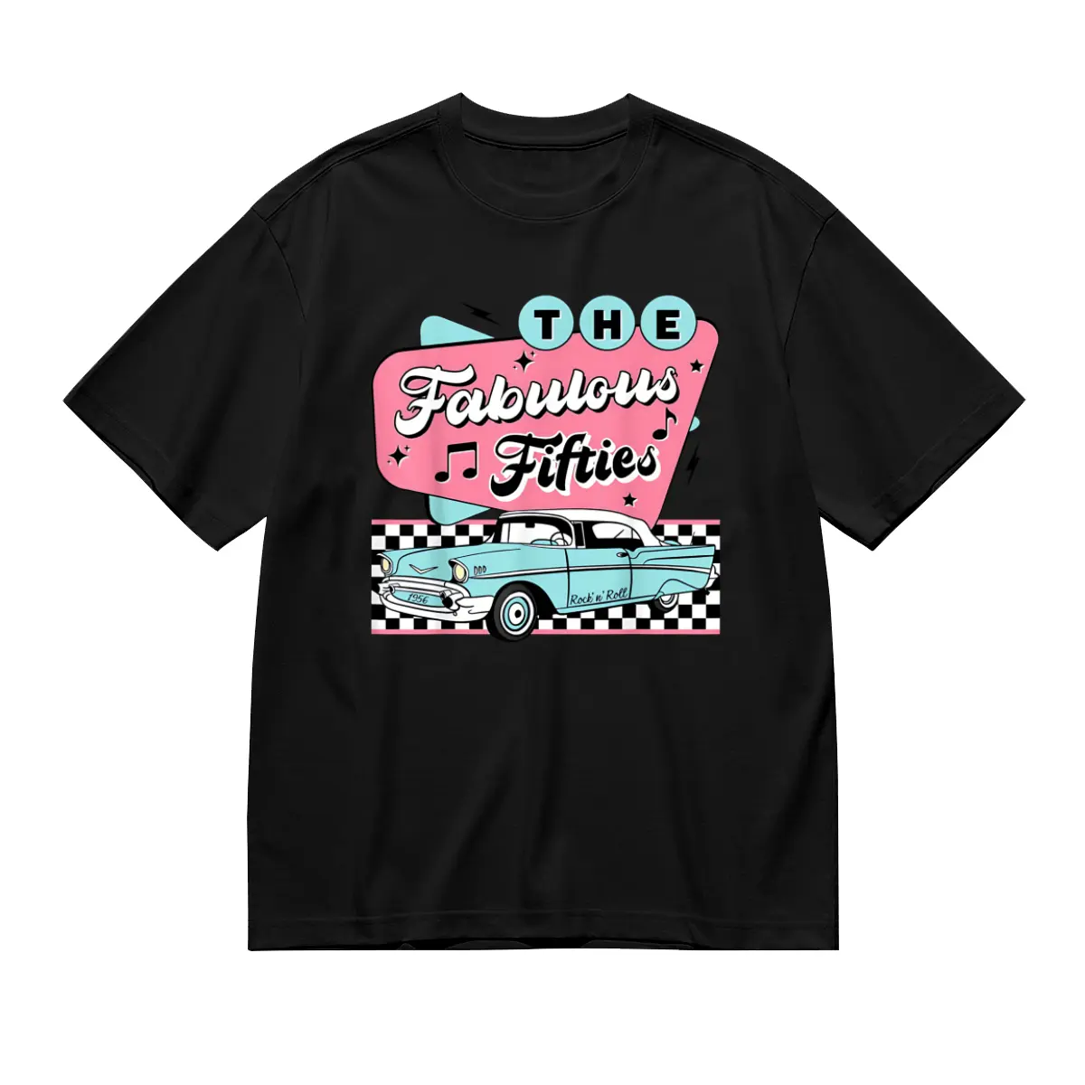 Retro Rockabilly '50S Vintage T-Shirt - Unisex 100% Cotton Tee with Classic Car & Music Design, Multi-Color Print, Round Neck Short Sleeve for Themed Parties & Casual Wear