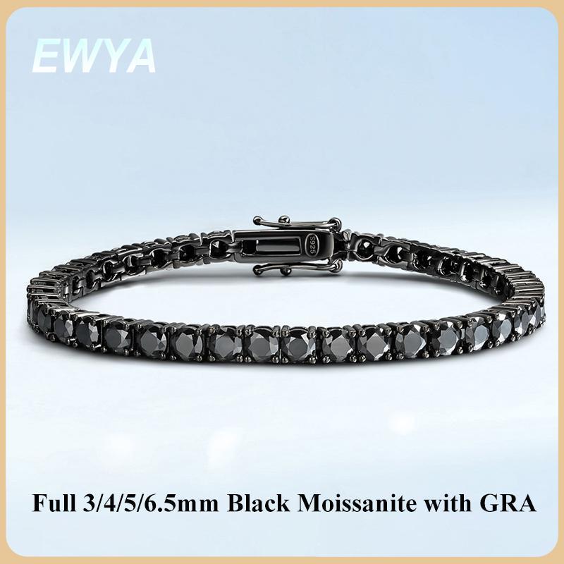 EWYA Full 3/4/5/6.5mm Black Moissanite Tennis Bracelet for Men Women Unisex 925 Silver Plated 18K Black Gold Hip Hop Bracelets