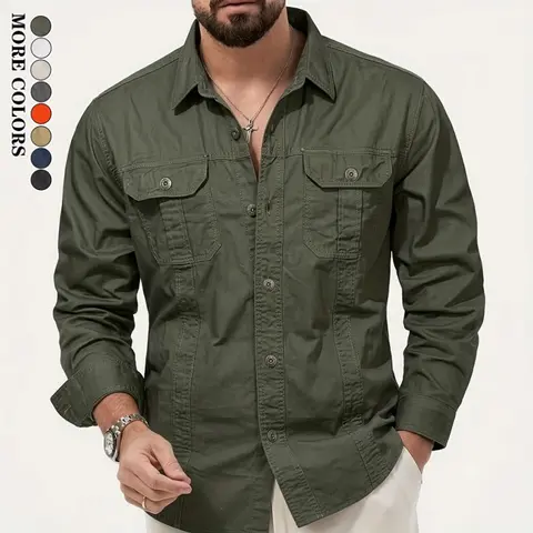 Men's Medium Fit Long Sleeve Basic Casual Shirt - Button Down Workshirt, Plain, Breathable Lightweight Fabric, Multiple Pockets, Spring/Autumn Outdoor Street Wear, Long Length Men's Casual Shirts