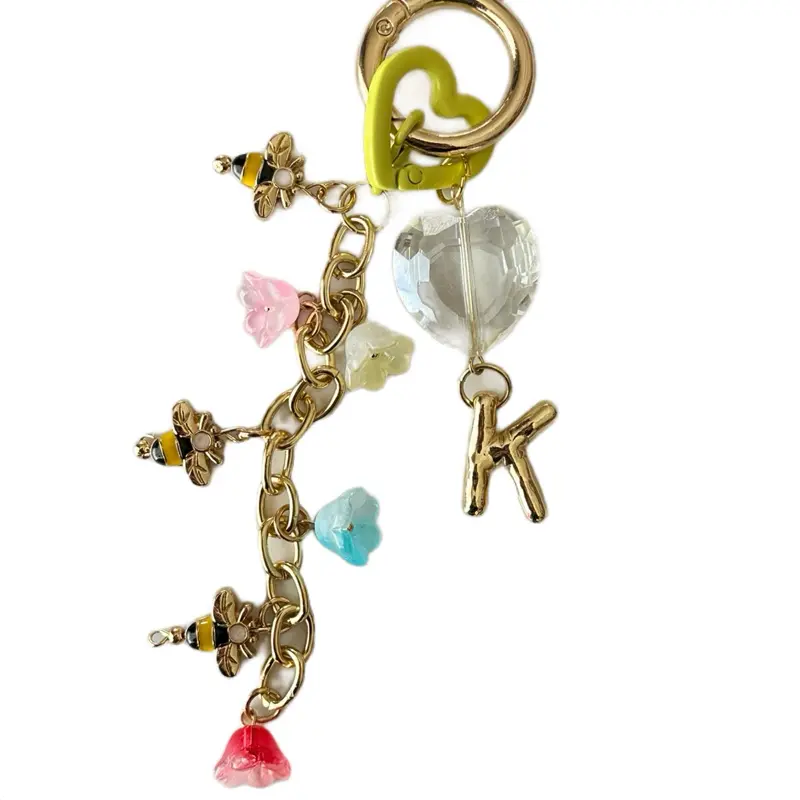 Bee & Bloom Custom Initial Keychain – Gold Charm with Bee Design, Beads & Clear Gemstone
