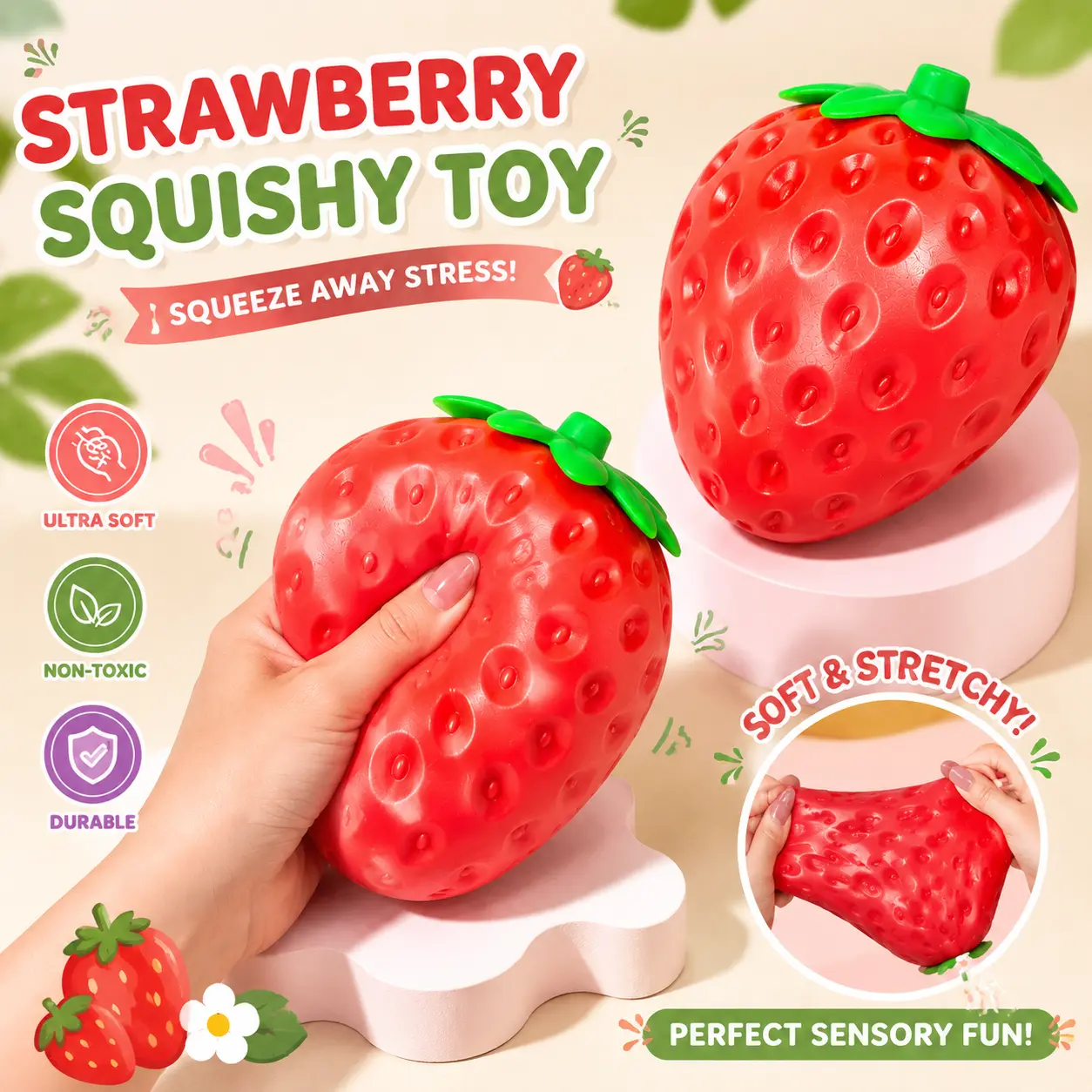 Squeeze Strawberry - Extra Large 5" Squishy Stress Ball for Adults & Kids 3+ - Fruity Fidget Toy for Stress Relief & Sensory Play - Safe & Durable Non-Toxic Material