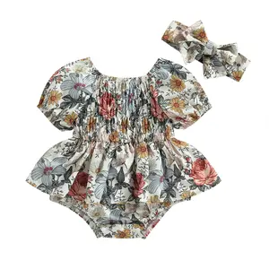 Baby Girls' Floral Puff Sleeve Romper Dress, Summer Cotton Blend 2-Piece Outfit with Headband for Infants 0-24M