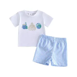Toddler Baby Little Boy Shorts Set Castle Beach Ball Embroidered Short Sleeve T-shirts and Plaid Shorts Summer Outfit 3M-3T