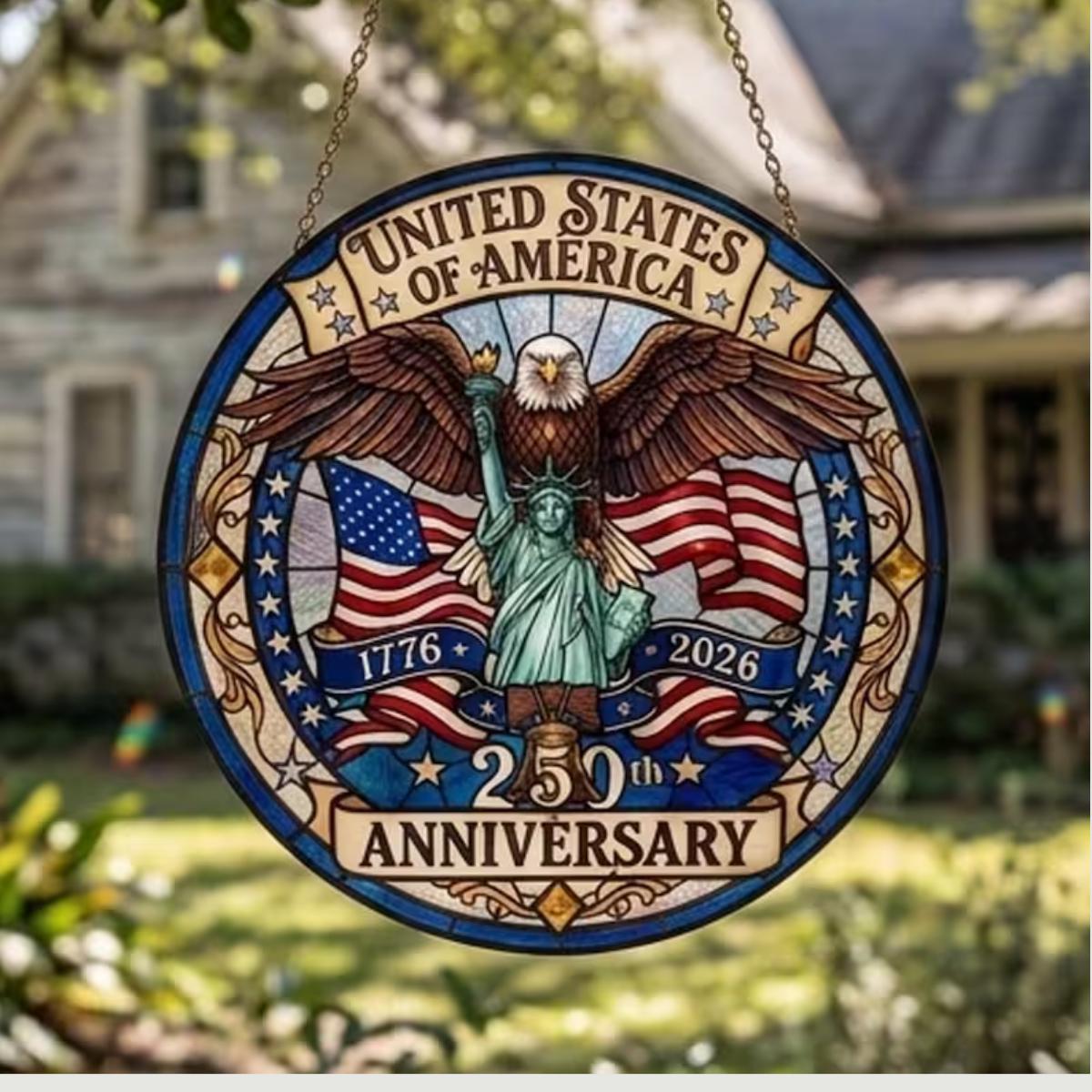 USA 250th Anniversary Stained Acrylic Suncatcher, Patriotic Eagle Window Hanging, Veteran Tribute Gift