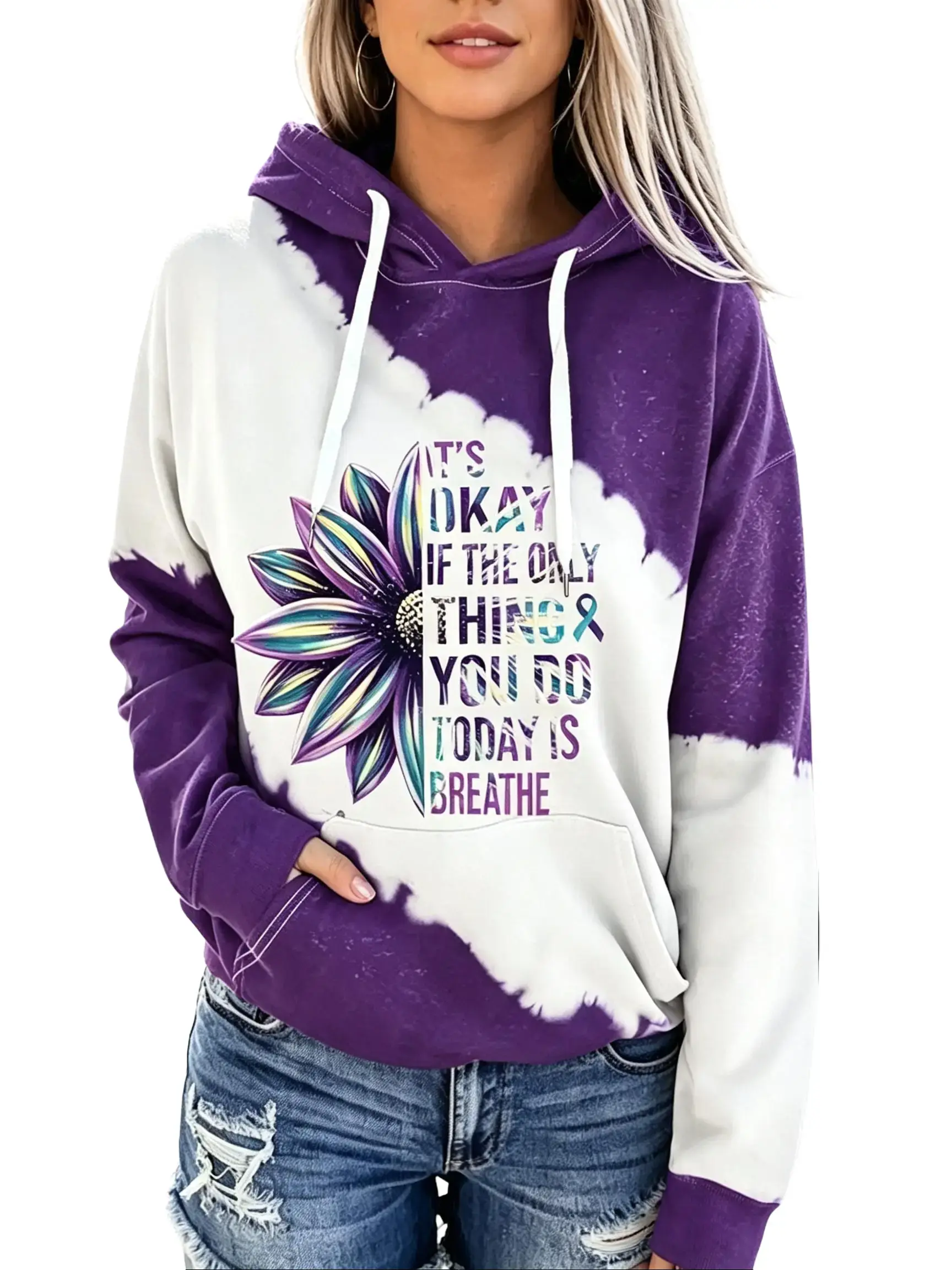 Women's western ethnic style, hoodies purple and white flower letter pattern loose knit pullover,soft andelastic long-sleeved casual shirt, fall and winter clothing for woman