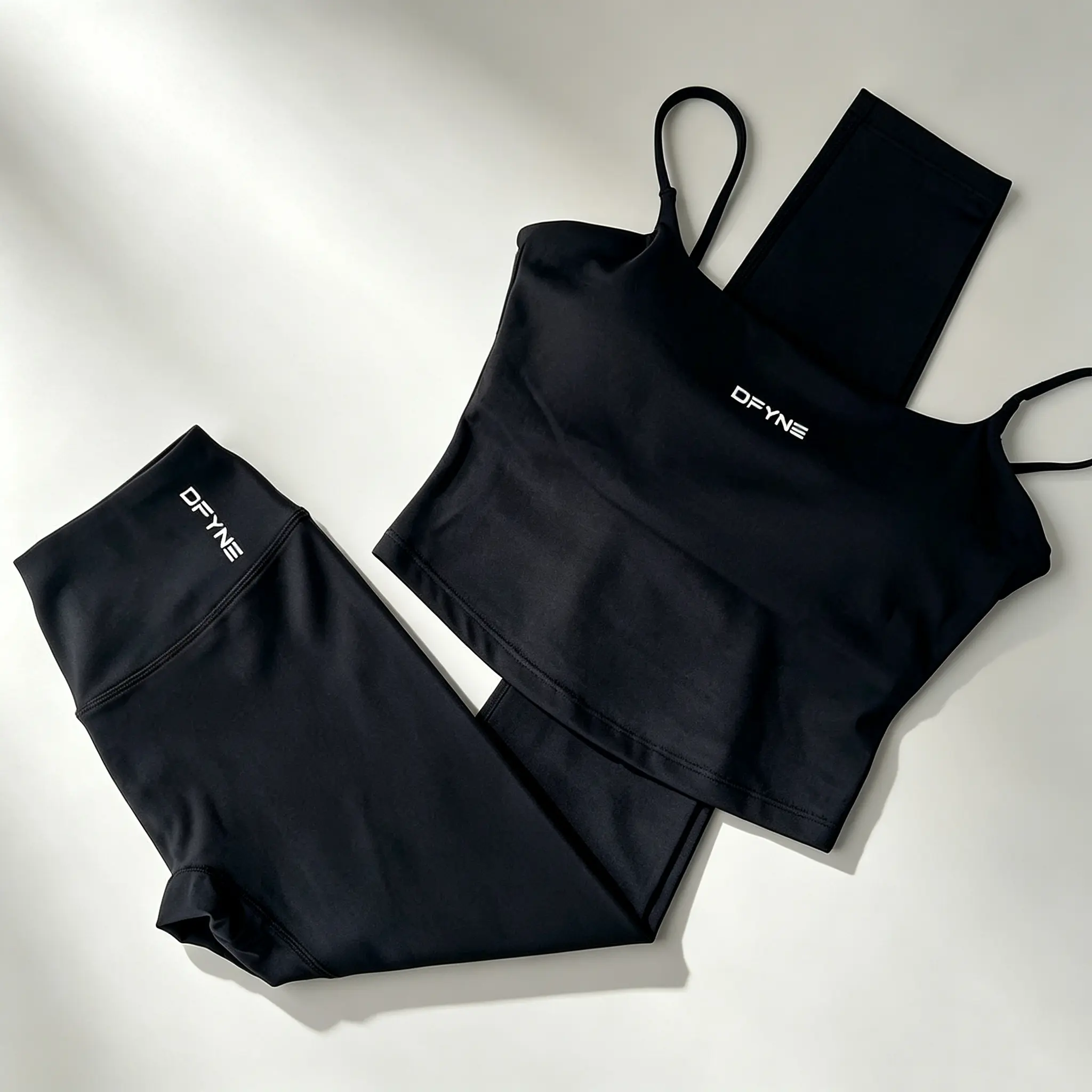 DFYNE Women's 2 Piece Yoga Set, Square Neck Thin Strap Crop Tank Top & High Waist Leggings, Soft Stretch Activewear Outfit for Pilates, Gym & Everyday Wear