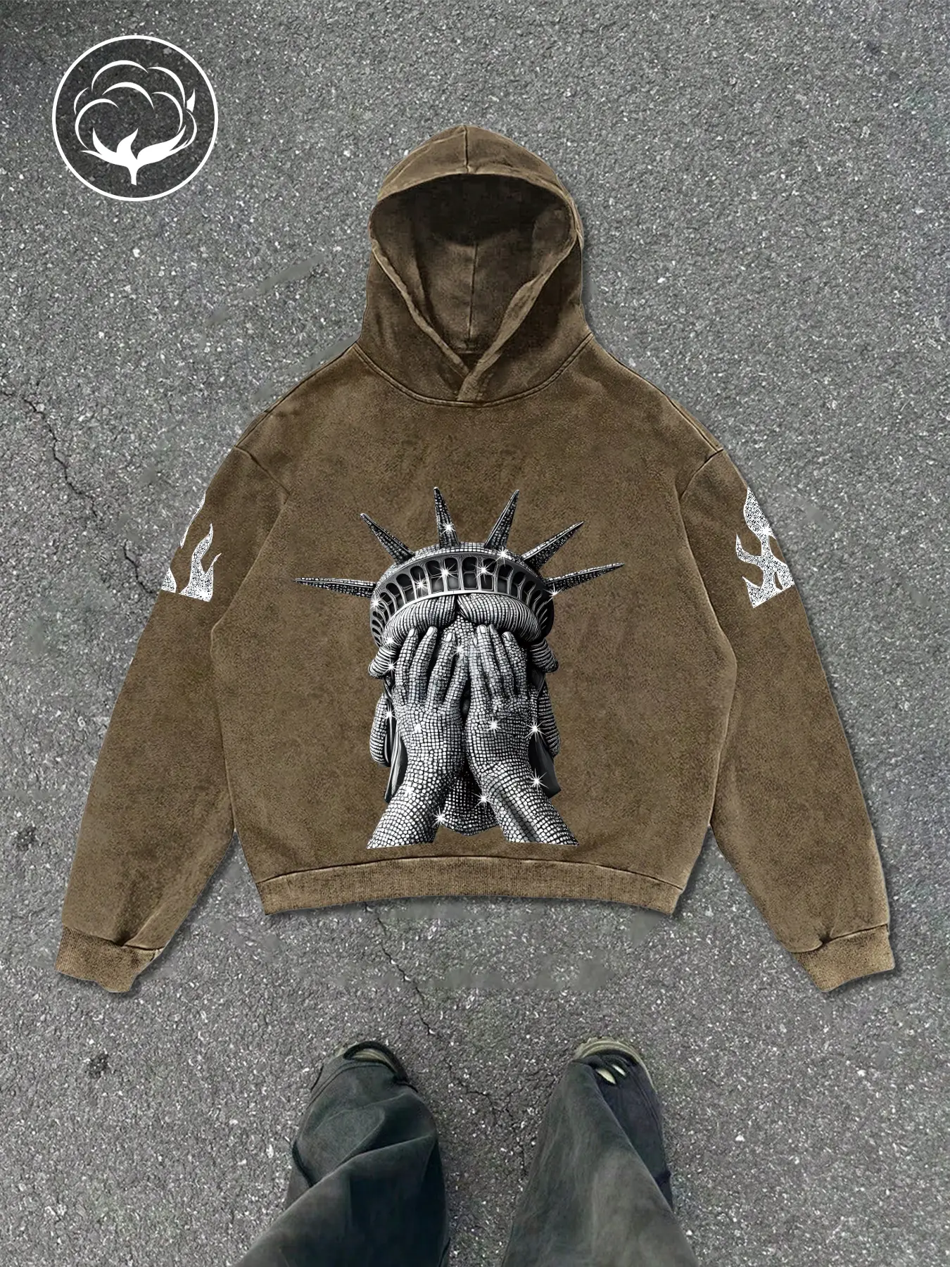 Vintage Washed Black Oversized Gothic Hoodie for Men & Women | Edgy Grunge Streetwear Liberty Rhinestone Graphic Sweatshirt with Sparkly Flame Sleeves | Heavyweight Boxy Fit Pullover Graphic Streetwear Clothing for Street Style & Daily Outfits