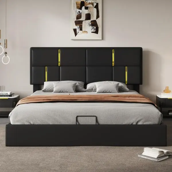 Bellemave Queen Bed Frame - Modern Upholstered Glam Bed with Hydraulic Lift Storage System, MDF/Plywood Durable Build, 85.2x64.6x40.7in, No Box Spring Needed, Assembly Required