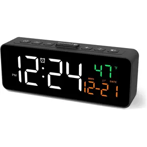 3-in-1 Digital Clocks for Living Room with Temperature, Date & Time Display - 4 Levels Birghtness, 3 Volumes, Small & Compact Plug-in Alarm Clock for Bedroom, Office (Black)