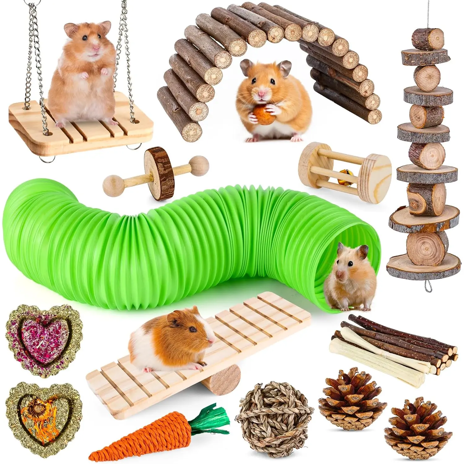VESPRO Hamster Toys Set, Guinea Pig Toys Small Animal Chewing Toy and Rat Cage Accessories, Chinchillas, Gerbils, Rats, Rabbit Rodents Teeth Care, Apple Wood Timothy Hay Mouse Toy Swing Seesaw Bridge VESPRO