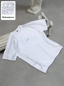 Y2K Cyber Rhinestone Graphic Short Fitted T-shirt Top - Sparkly Flowing Line Pattern Streetwear Tee for Night Out, Clubbing & Aesthetic Oversized Outfits