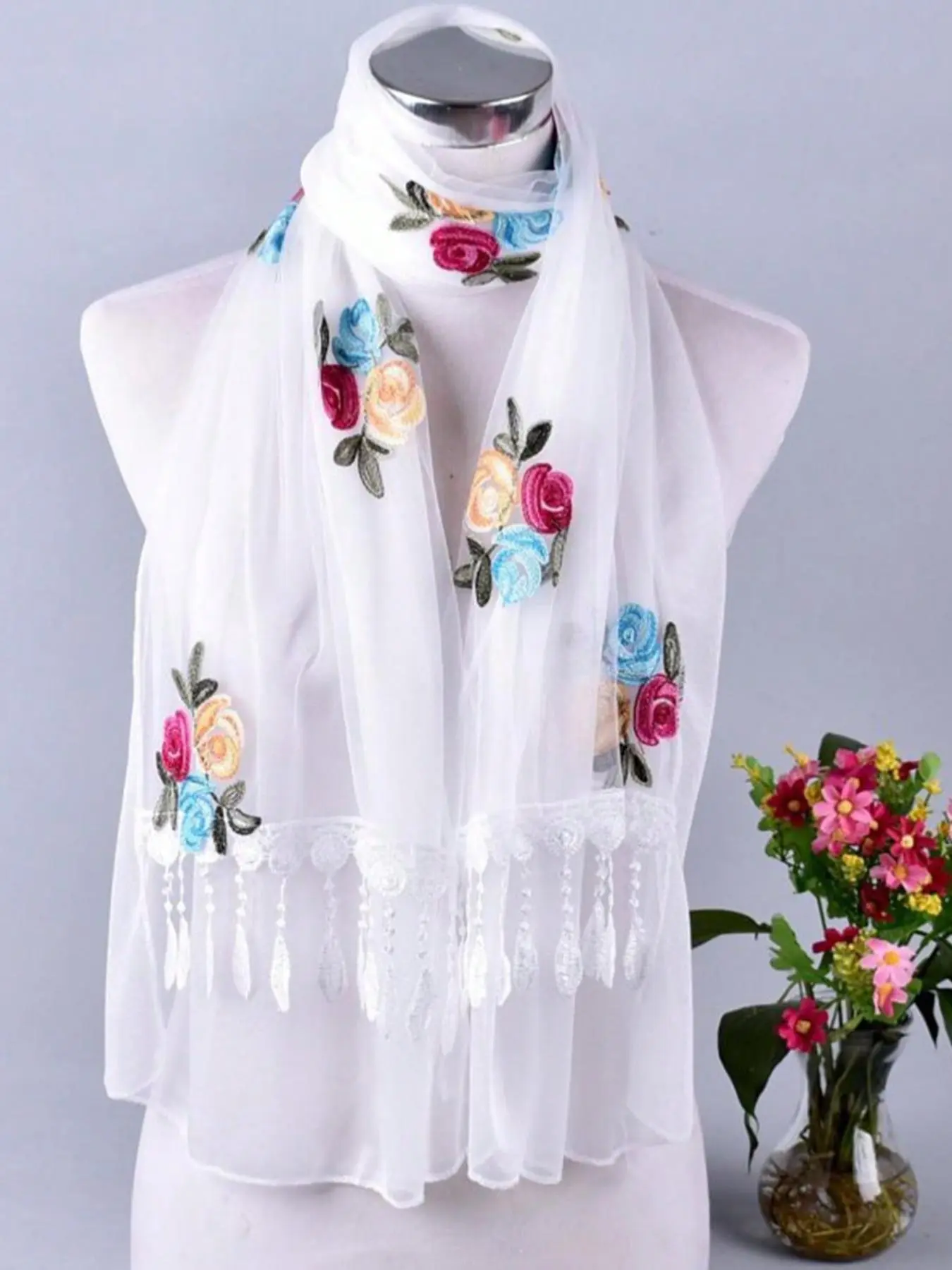 Colorful Floral Embroidery Lace Design Scarf, Boho Style Shawl for Women, Fashion Accessories for Daily Wear, Floral Embroidered Scarf, Boho Shawl Wrap, Boho Floral Scarves