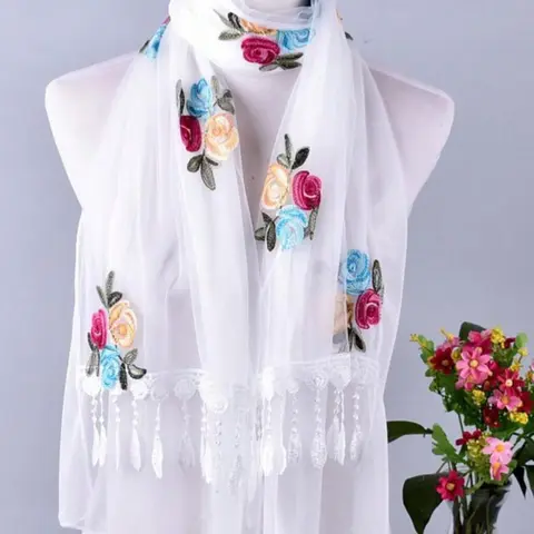 Colorful Floral Embroidery Lace Design Scarf, Boho Style Shawl for Women, Fashion Accessories for Daily Wear, Floral Embroidered Scarf, Boho Shawl Wrap, Boho Floral Scarves