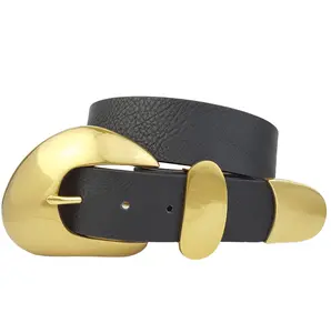 Vintage Brass Statement Buckle Set Belt - Black Leather with Gold Finish Buckles