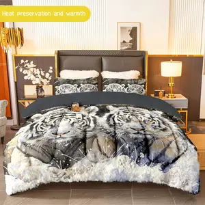 3pcs (1 comforter + 2 pillowcases) Tiger - Print Flannel & Milk Velvet Comforter Set, Ultra - Soft & Cozy Bedding Set for Adults, Warm Milk Velvet Bedding Essentials