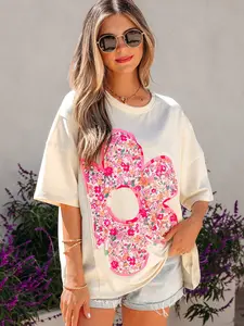 Floral Patched Raw Seam Big Flower Oversize Tee for Women, Casual Floral Graphic Tee