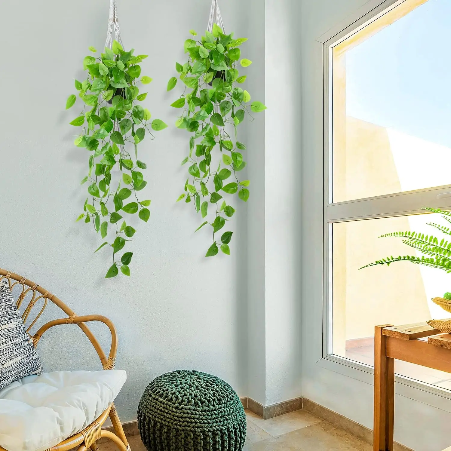 2 Pack Artificial Hanging Vine Plants in Pots, Faux Potted Plants with Black Pots, Decorative Greenery for Home, Office, Shelf, Indoor Outdoor Decor